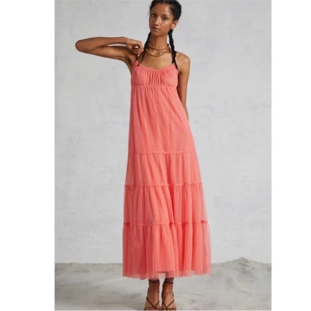 Anthropologie Maeve Coral Pink Tulle Tiered Dress Small